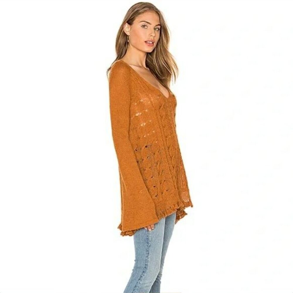 Free People Waterfall Sweater – Honey (Warm Golden Rust) Size M– Alpaca Blend - Picture 3 of 5